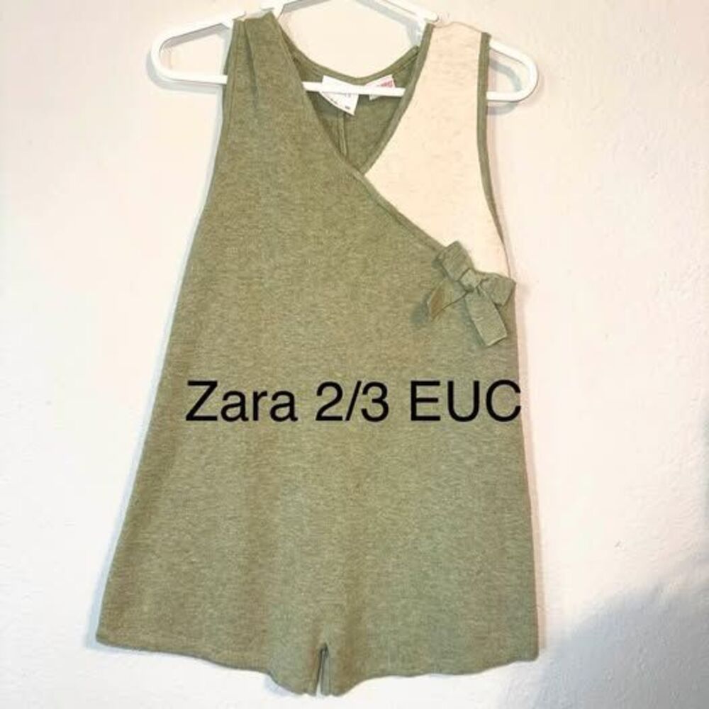 Zara Kids Sage Green Cream Ribbed Knit Sleeveless Romper Bow Detail Size 2/3 2T